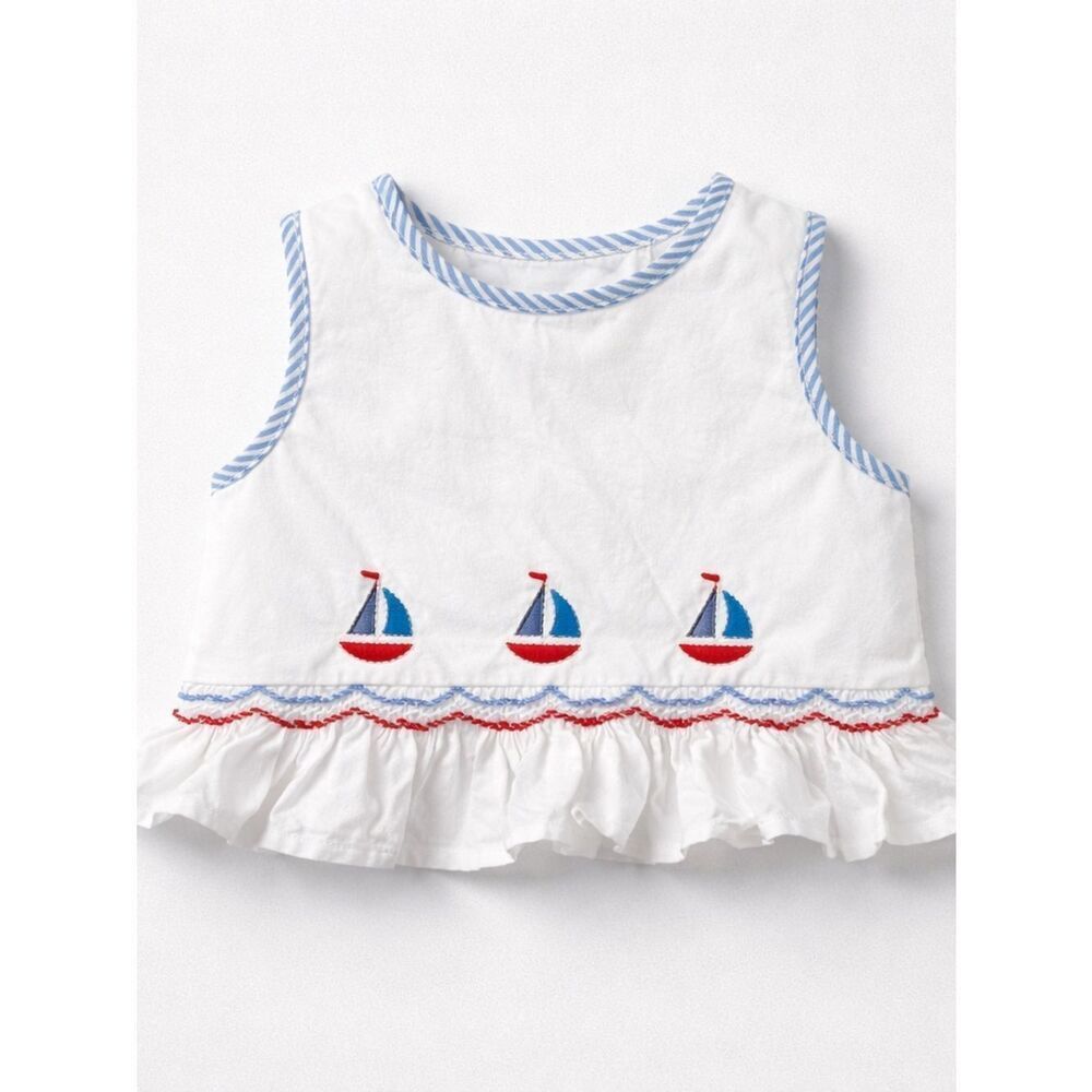 Les Petit s Soleils white smocked sailboat embroidered top red white blue 18 m